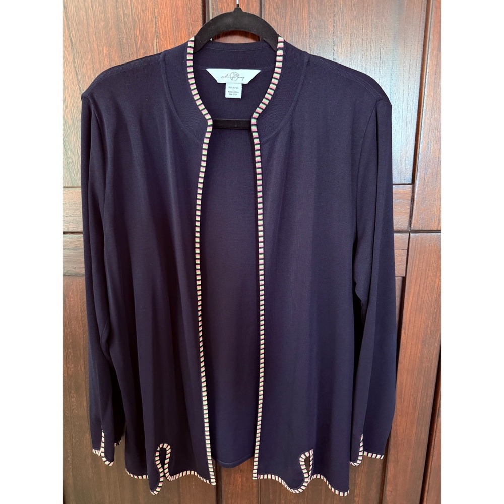 Ming Wang Size L Blue Knit Open Cardigan Jacket‎ Colorful Trim